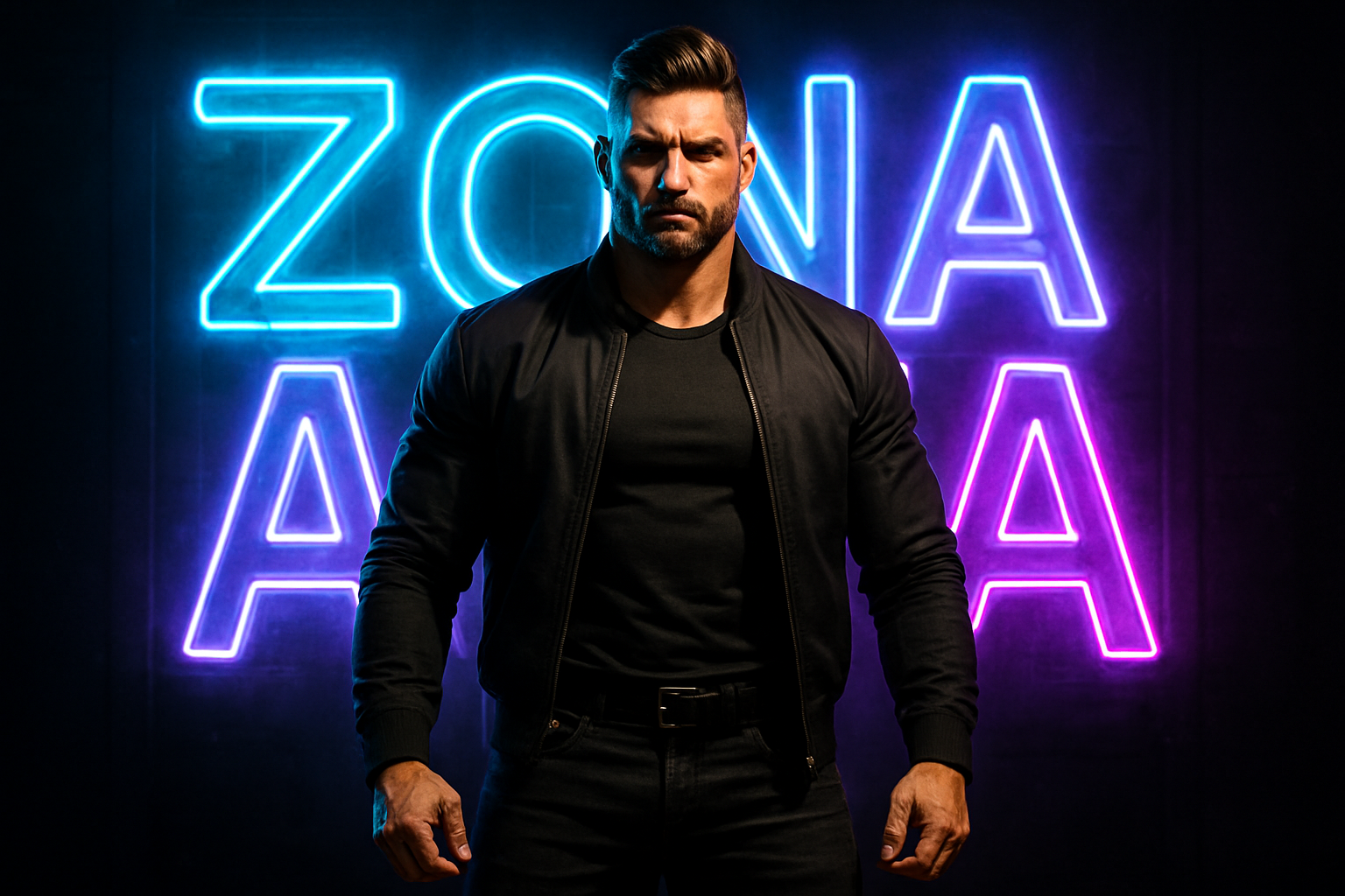 Una imagen de un macho alfa y unas letras en NEON que diga ZONA ALFA